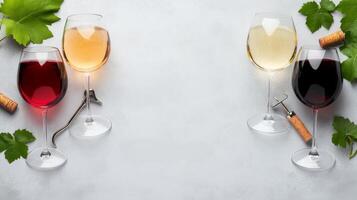 Various wine glasses arranged on a gray surface with a corkscrew nearby photo