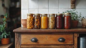 Colorful jars filled with preserved fruits and vegetables in a rustic kitchen setting photo