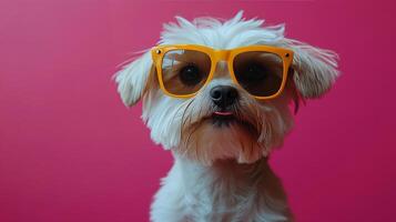 Stylish dog with yellow glasses posing against a vibrant pink background photo