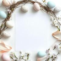 Decorative arrangement of pastel easter eggs and flowers with a blank card for messages photo