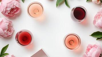 Bright wine glasses with fresh peonies on a white background for spring celebration photo