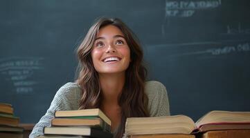 Young woman smiling in classroom filled with books during daytime learning activity photo