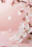 Blossom branches arranged decoratively on soft pink background with scattered petals photo
