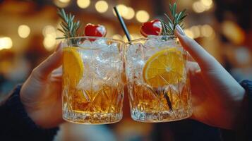 Refreshing cocktails with orange and rosemary garnishes are enjoyed at an upscale bar photo