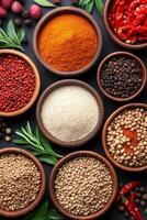 Colorful assortment of spices displayed in bowls on a dark surface with herbs and dried peppers photo