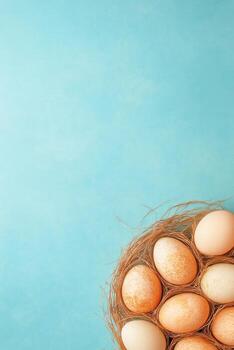 Freshly collected eggs nestled in a straw filled nest against a soft blue background photo