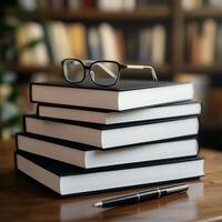 Stacked books and glasses on a wooden table in a cozy library setting photo