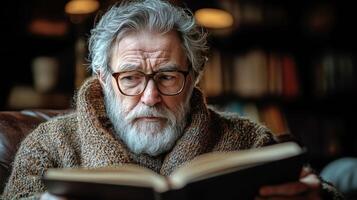 Elderly man reading a book in a cozy library with warm lighting and soft furnishings photo
