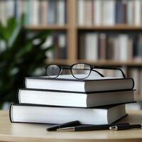 Stacked books and glasses on a wooden table in a cozy library setting photo