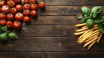 Fresh ingredients on a rustic wooden table ready for cooking delicious pasta dish photo