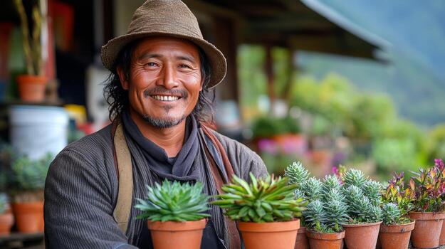 Smiling farmer working with fresh vegetables in a vibrant garden during daylight hours photo