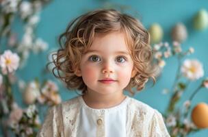 Little girl with curly hair sits in front of a pastel background adorned with flowers and eggs photo