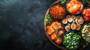 Sushi platter featuring salmon, roe, and fresh vegetables on a wooden board photo
