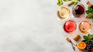 Various wine glasses arranged on a gray surface with a corkscrew nearby photo