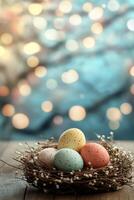 Colorful eggs nestled in a twigs nest with a soft glowing background in springtime photo