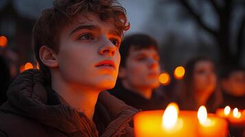 Candlelight vigil with individuals holding candles and reflecting in a somber atmosphere outdoors photo