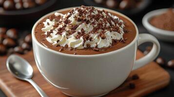 Warm coffee cups with whipped cream on saucers inviting relaxation and comfort photo
