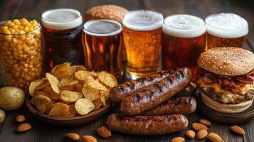 Delicious spread of grilled sausages, burger, snacks and drinks on rustic wooden table photo
