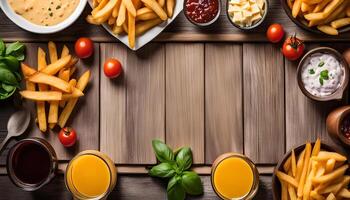 Appetizing Spread of French Fries, Sauces, and Drinks photo
