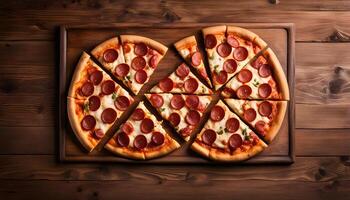 Pepperoni Pizza Slices on Wooden Board photo