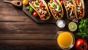 Delicious Tacos with Orange Juice on a Wooden Table photo