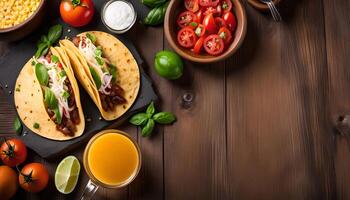 Two Tacos on a Wooden Background with Toppings photo