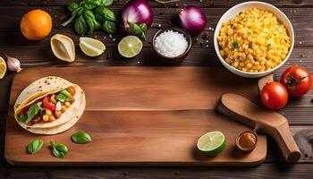 Delicious Taco with Chickpeas, Vegetables and Spices on Rustic Wooden Background photo