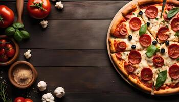 Pepperoni Pizza with fresh ingredients on a Wooden Background photo