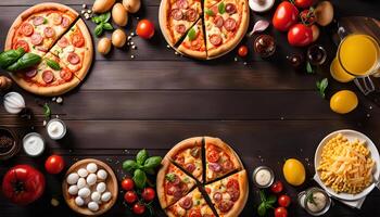 Delicious Pizza with Ingredients on Wooden Table photo