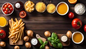 Food Photography Top View of Delicious Ingredients on Wooden Background photo