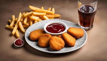 Chicken Nuggets, French Fries and a Glass of Soda photo