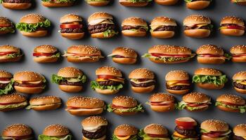 A Rows of Burgers on Gray Background photo