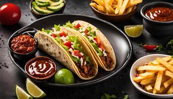 Delicious Tacos with Fries and Dips photo