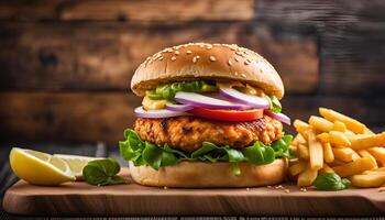 Delicious Salmon Burger with Crispy Fries photo