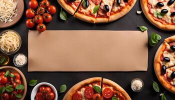 Delicious Pizza with Tomatoes and Basil on Black Background photo