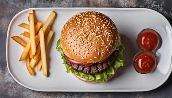 Appetizing Burger with Fries and Ketchup photo