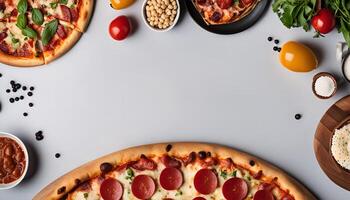 Pepperoni Pizza and Ingredients on White Background photo