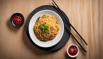 A plate of noodles with chopsticks and two bowls of sauce on a wooden surface photo