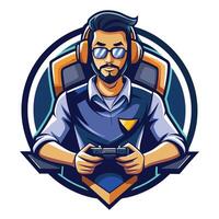 a man with glasses and a headset holding a controller vector