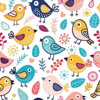 seamless pattern with colorful birds and leaves vector