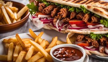 Delicious Kebab Sandwich with Fries and Sauce photo