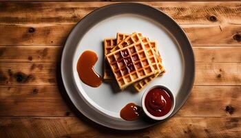 delicioso gofres con caramelo y salsa foto