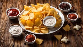 Crispy Potato Chips with Dips on a Wooden Table photo