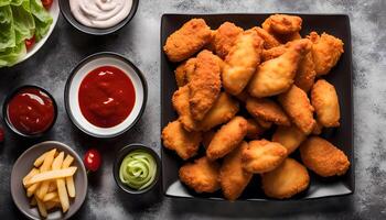Chicken Nuggets with Dips and Fries photo
