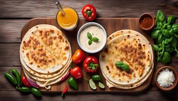 Delicious Quesadillas with Toppings on Wooden Table photo