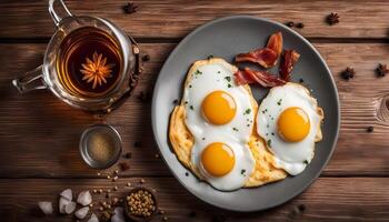 Three Fried Eggs with Bacon and Tea photo