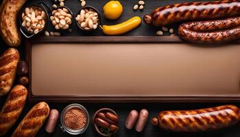 Grilled Sausages and Beans on a Wooden Board photo