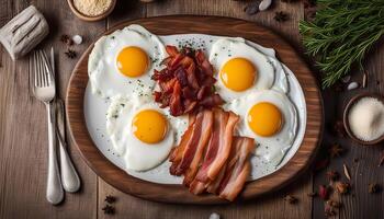 Delicious Breakfast with Fried Eggs and Crispy Bacon photo