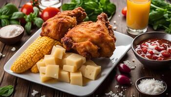 Fried Chicken with Corn, Cheese, and Tomato Sauce photo