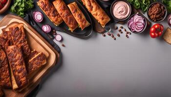 Delicious and fresh breadsticks with toppings for a perfect snack photo